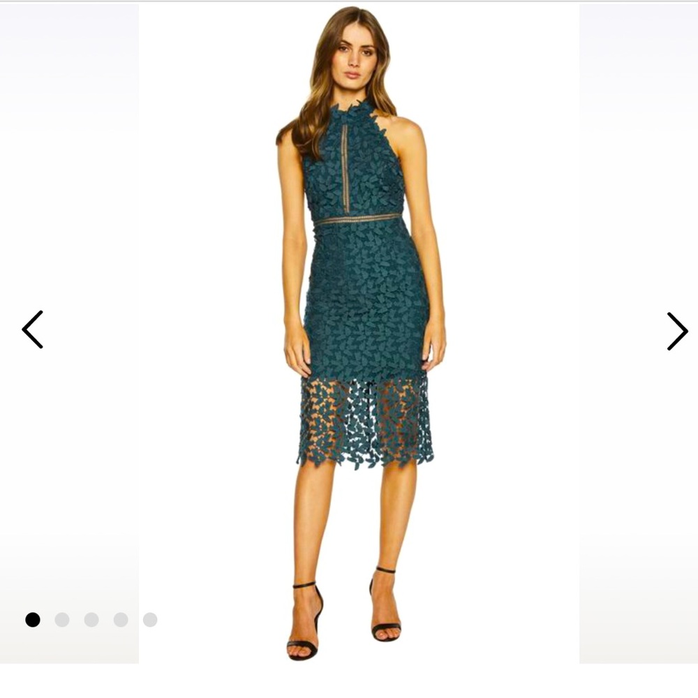Bardot green lace halter dress.